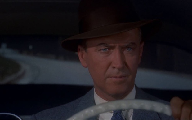James Stewart dans le film à énigme surnaturelle Vertigo (Sueurs froides, 1958) d'Alfred Hitchcock James Stewart dans le film à énigme surnaturelle Vertigo (Sueurs froides, 1958) d'Alfred Hitchcock