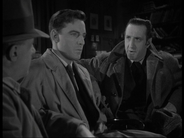 The woman in green (1945) : au centre, Coulter Irwin; à droite, Basil Rathbone est Sherlock Holmes