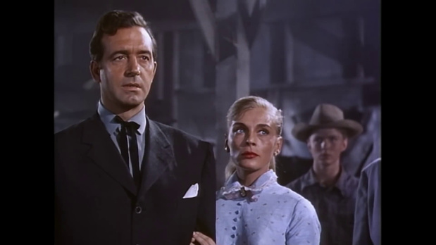 John Payne et Lizabeth Scott dans le film américain Silver Lode (Quatre étranges cavaliers, 1954) d'Allan Dwan