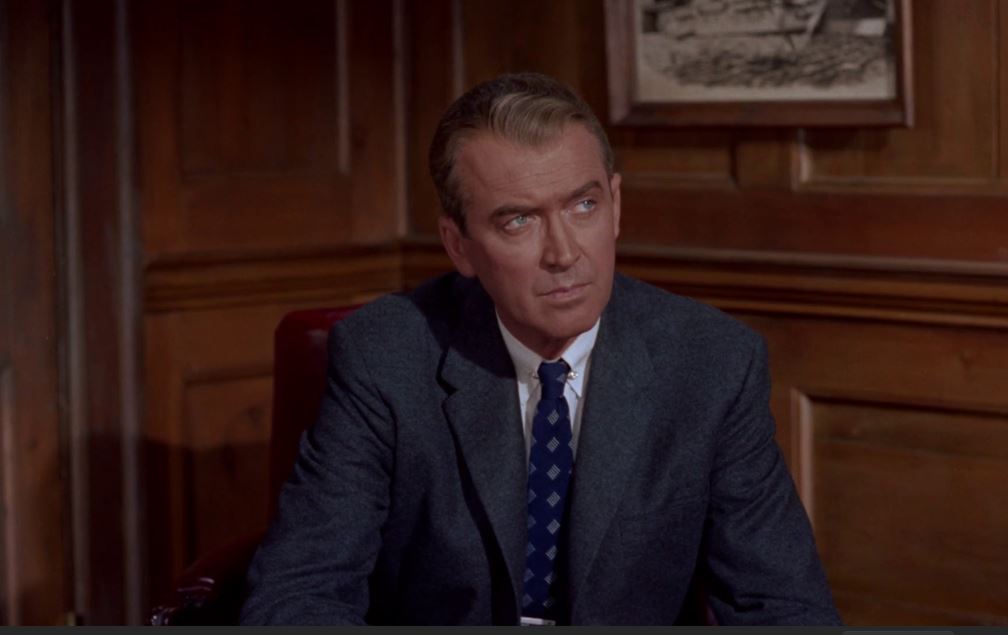 James Stewart dans le film à énigme policière Vertigo (Sueurs froides, 1958) d'Alfred Hitchcock