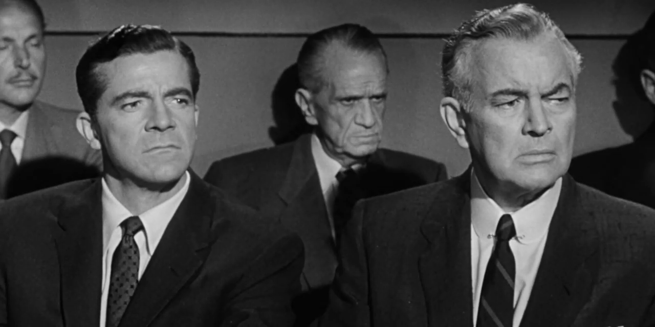 Dana Andrews et Sidney Blackmer dans le film américain Beyond a reasonable doubt (L'invraisemblable vérité, 1956) de Fritz Lang