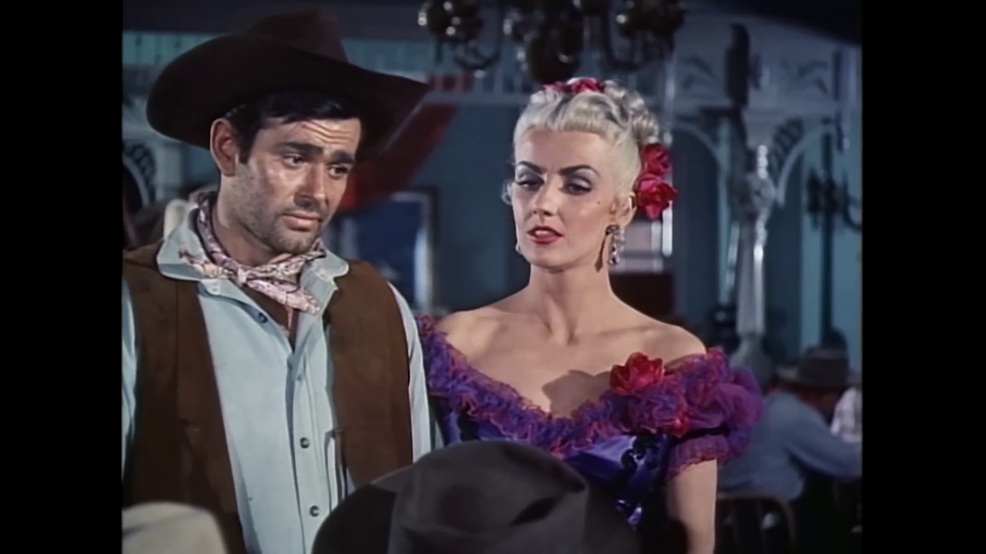 Dolores Moran et Stuart Whitman dans le western Silver Lode (Quatre étranges cavaliers, 1954) d'Allan Dwan